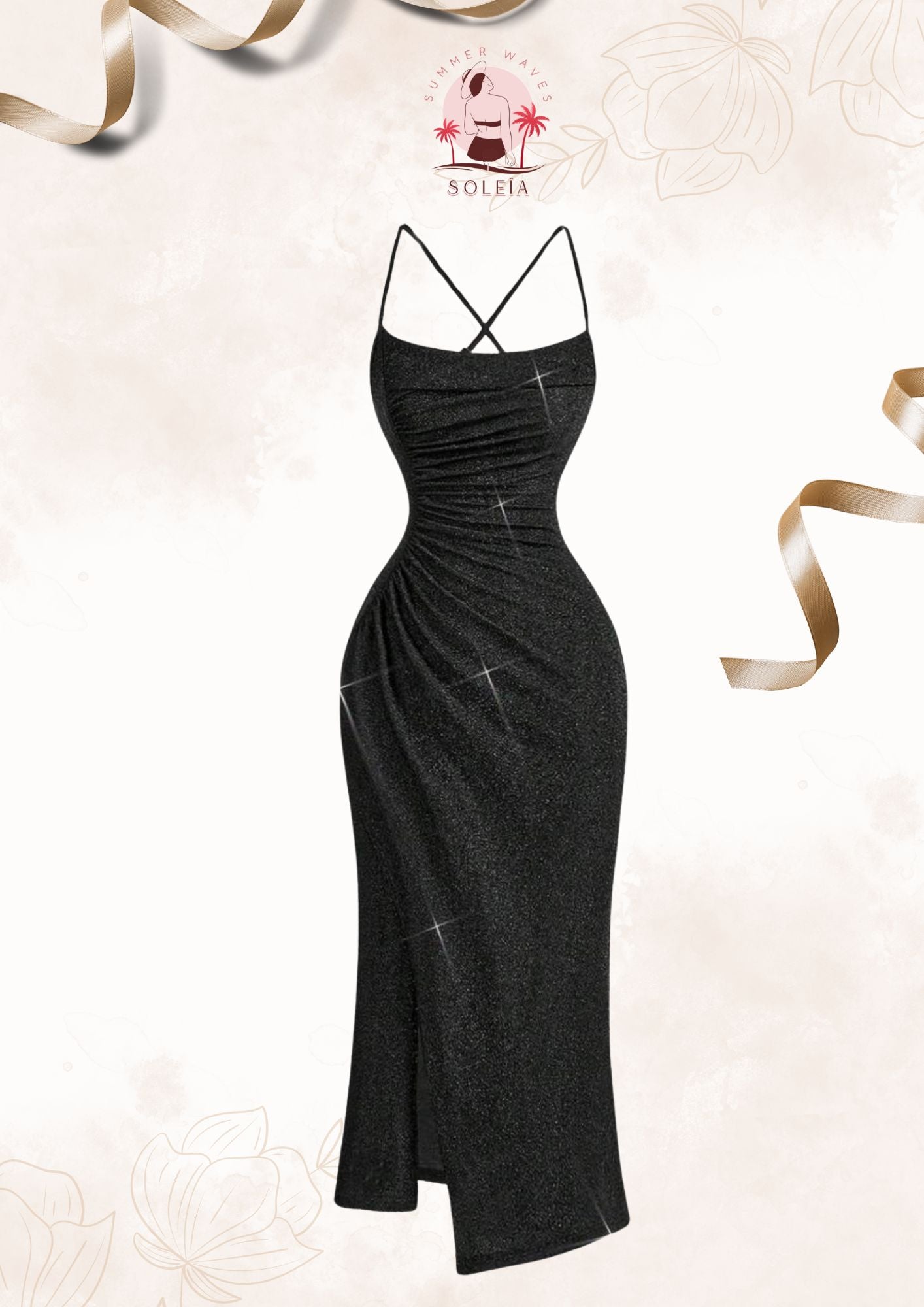 🖤 Robe Longue Ébène Élégante – Col Plongeant Dos Nu